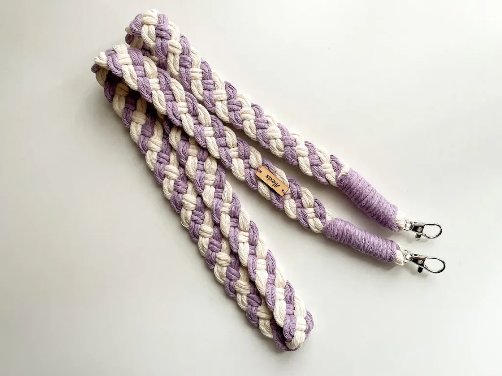 Custom and personalized macrame camera strap - Purple and white.