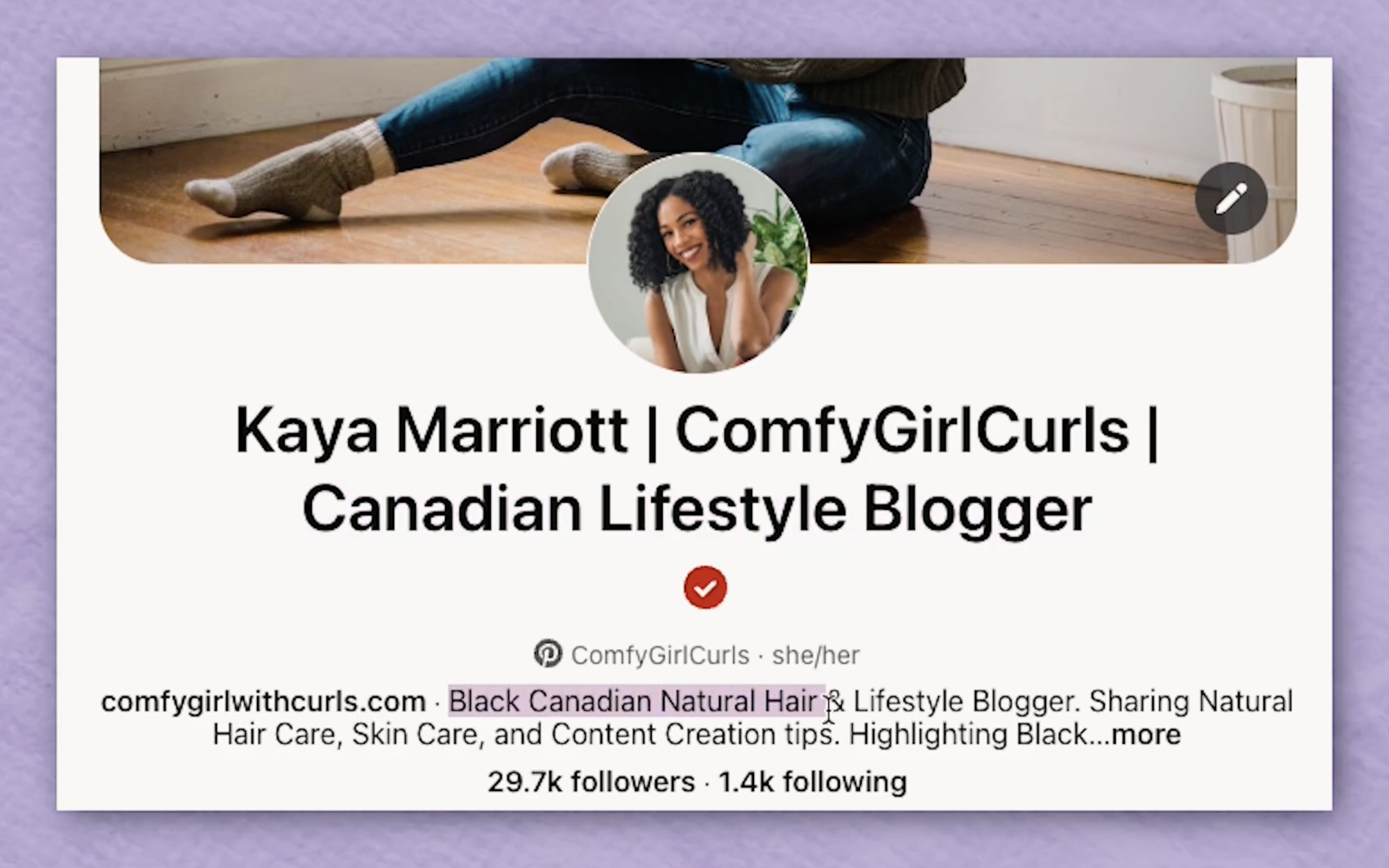 Example of Search Engine Optimized  Pinterest Name and Bio. 