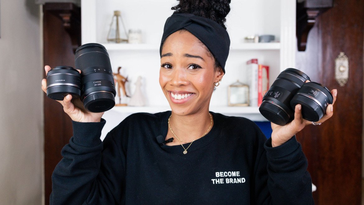 Holding (almost) every Canon RF lens I have for my Canon RP as a Influencer/content creator/ youtuber